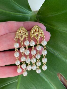 Pearl Cascade Filigree Dangle Earrings in Gold-tone Vintage